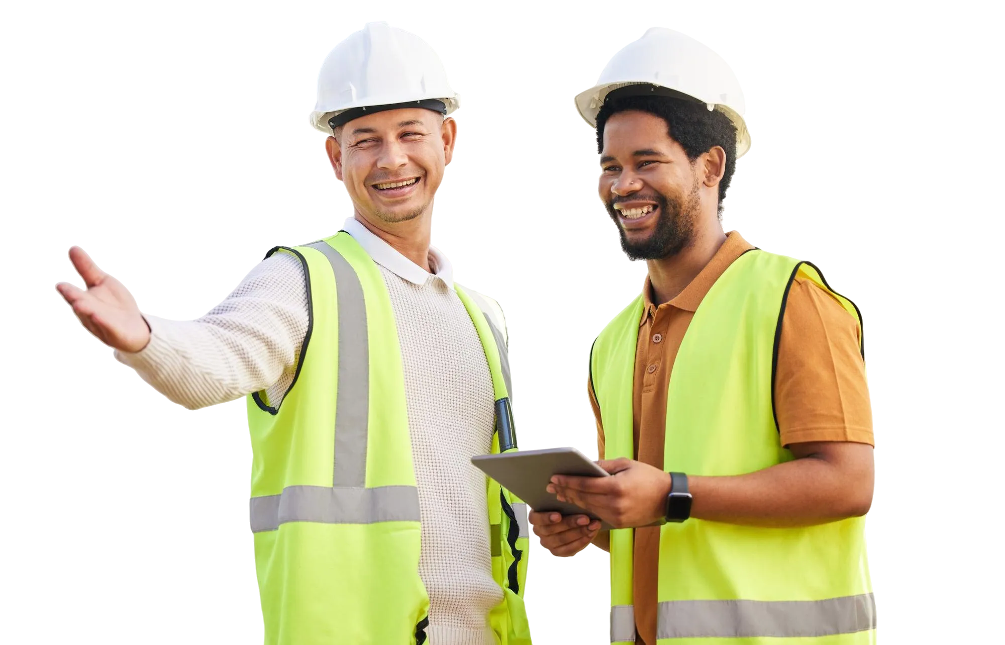 Construction workers in hard hats and safety vests reviewing plans